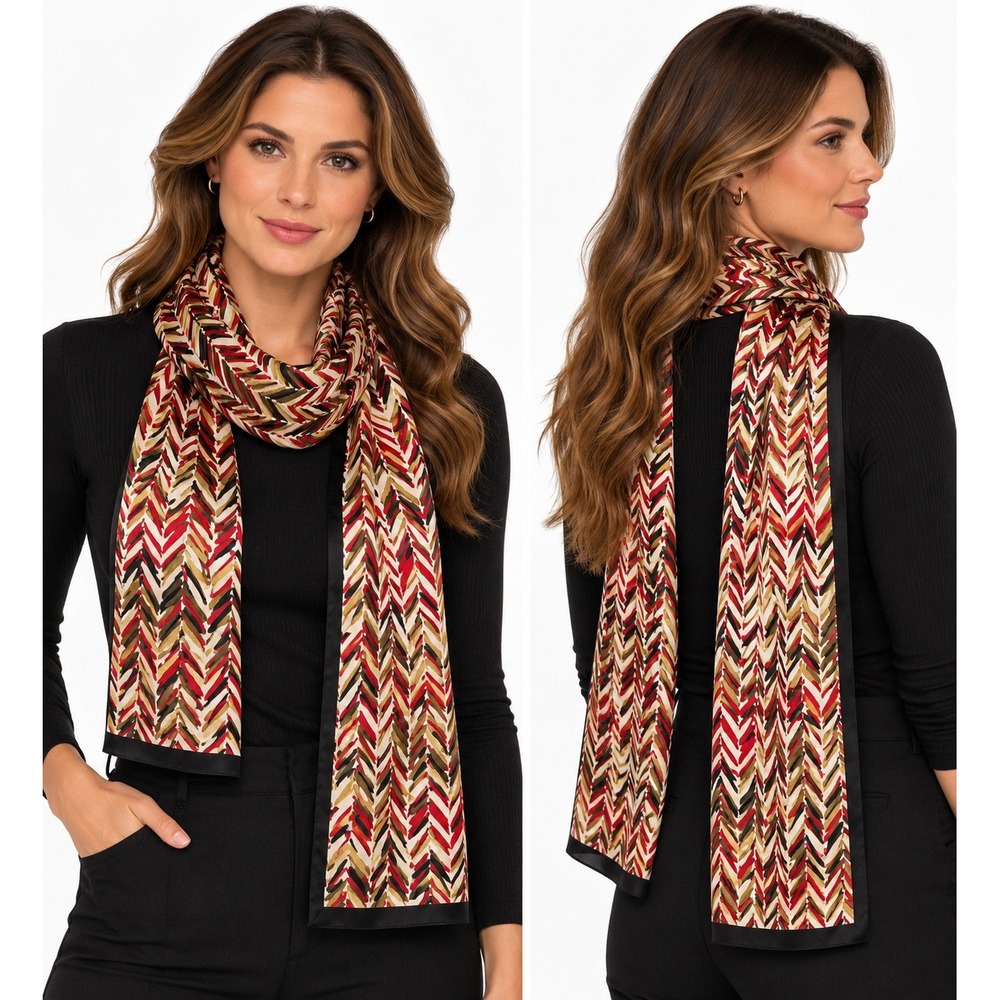 Talbots Silk Scarf Red Gold Black Chevron Herringbone Print Rectangle Accessory